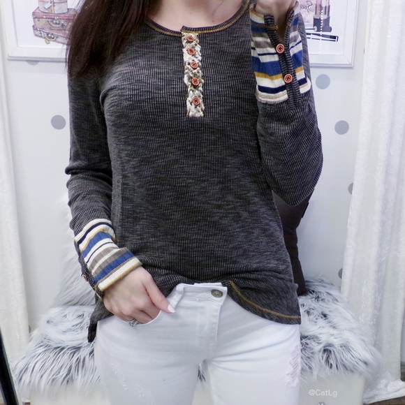 Tops - Grey Henley Top Long Sleeve Rib Knit Button Up